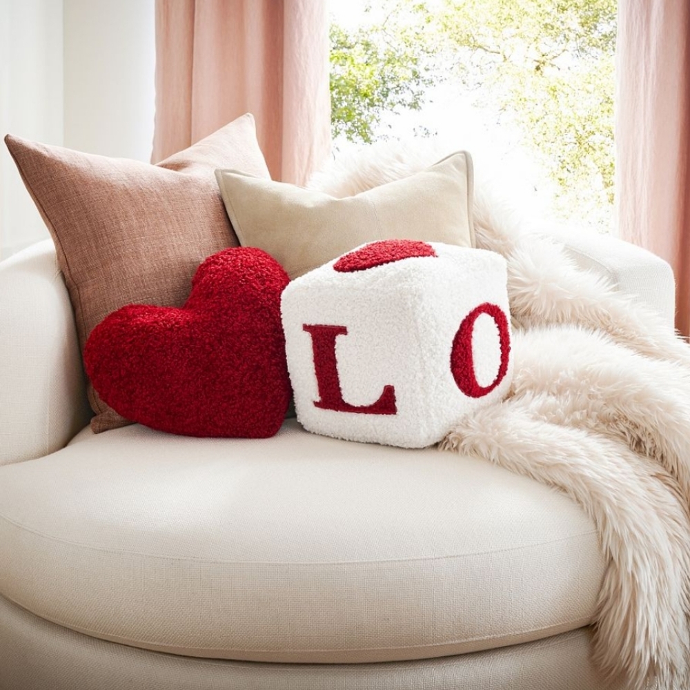 Valentine's Day Cozy Teddy Faux Fur Love AMOR Cube Shaped Pillow